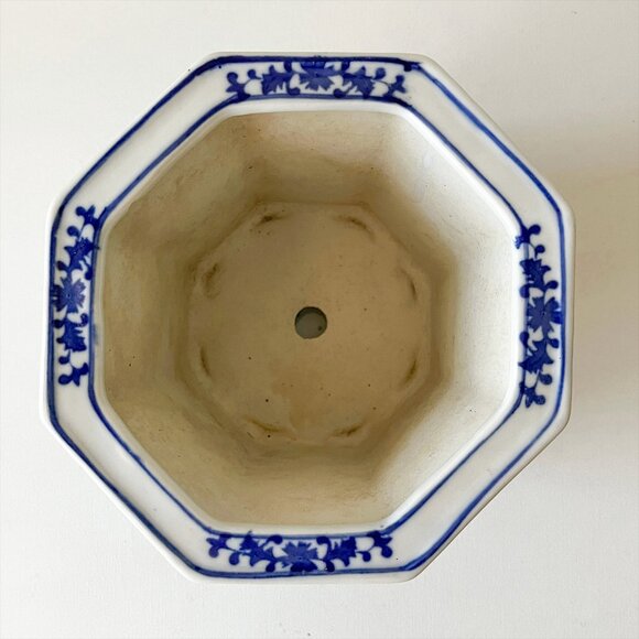 Vintage Chinese Immortals Flowers Poems Octagon Flowerpot w/ Saucer Blue & White - Picture 5 of 15